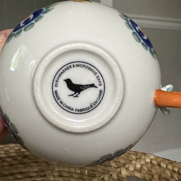 Anthropologie Cadiz Floral Mug With Orange Handle And Blue Flower - Picture 5 of 12